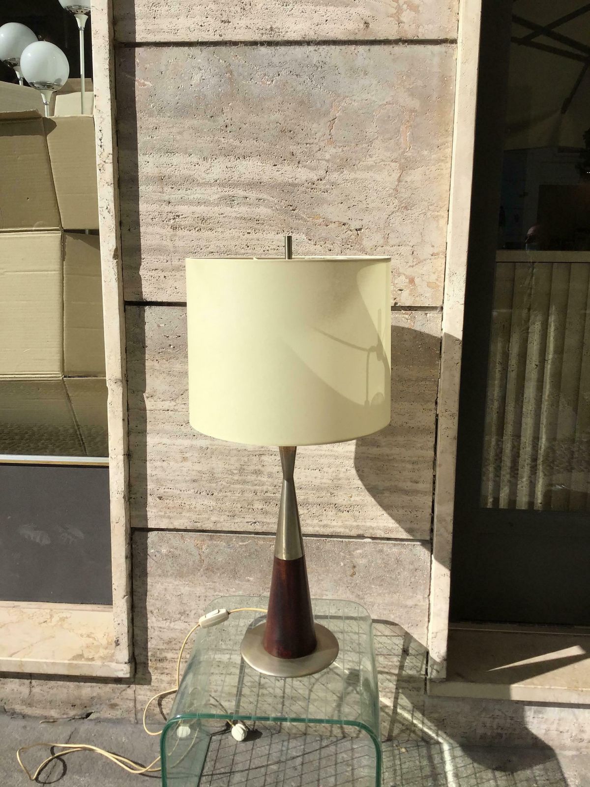 photo for sale Stilnovo Table Lamp Metal Crome Wood Lampshade 1960 Italy