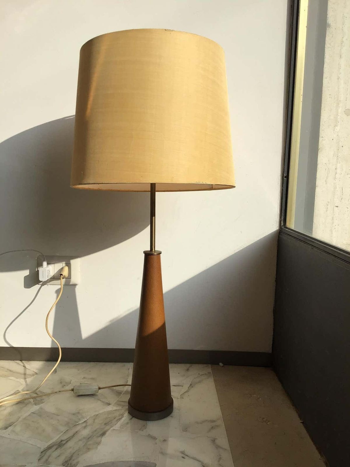 Stilnovo Style Table Lamp Metal Crome Skin Fabric Lampshade, 1950, Italy photo Lighting