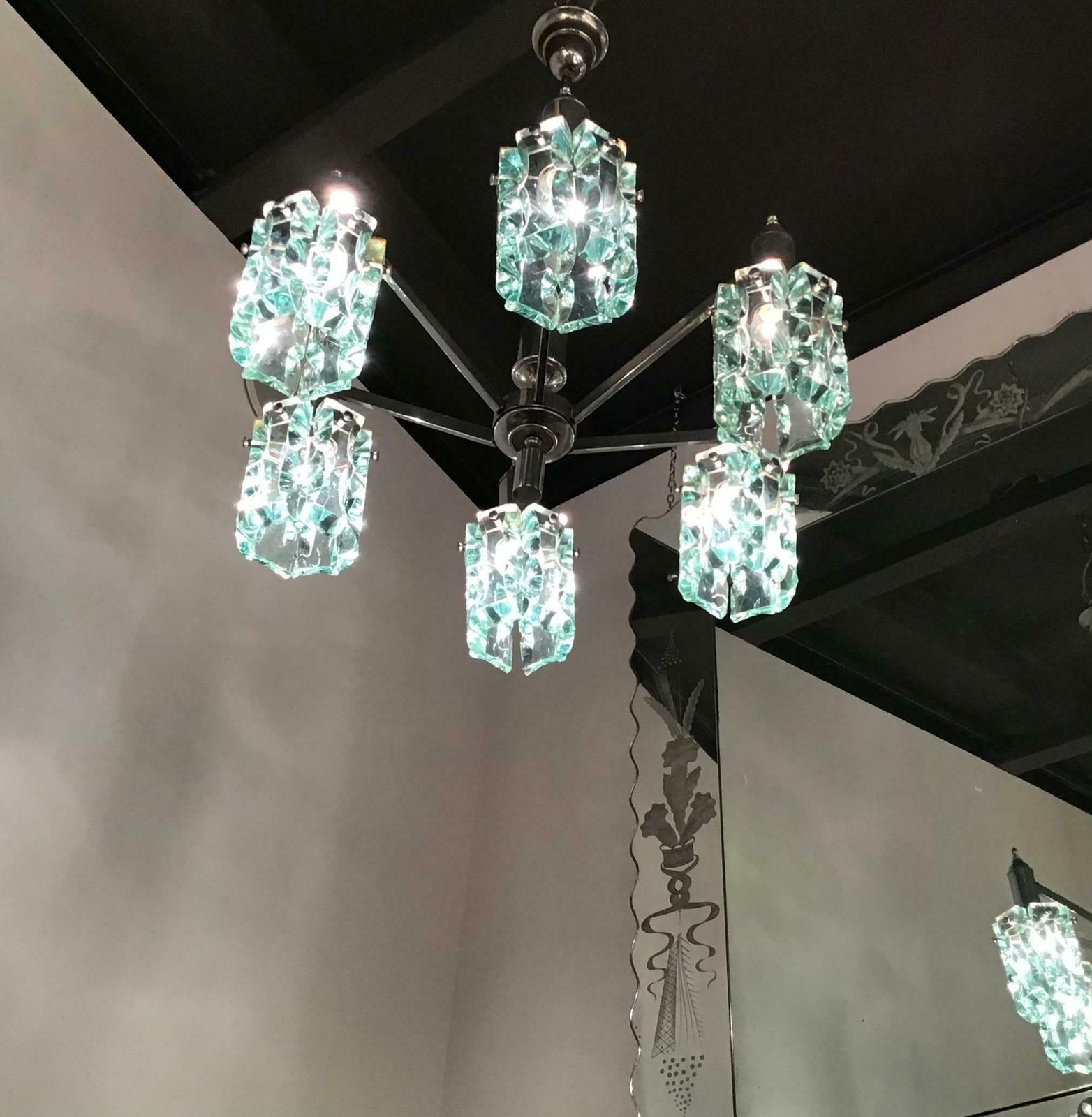 Cristal Arte Chandelier Glass Metal Crome 1950 Italy photo vintage