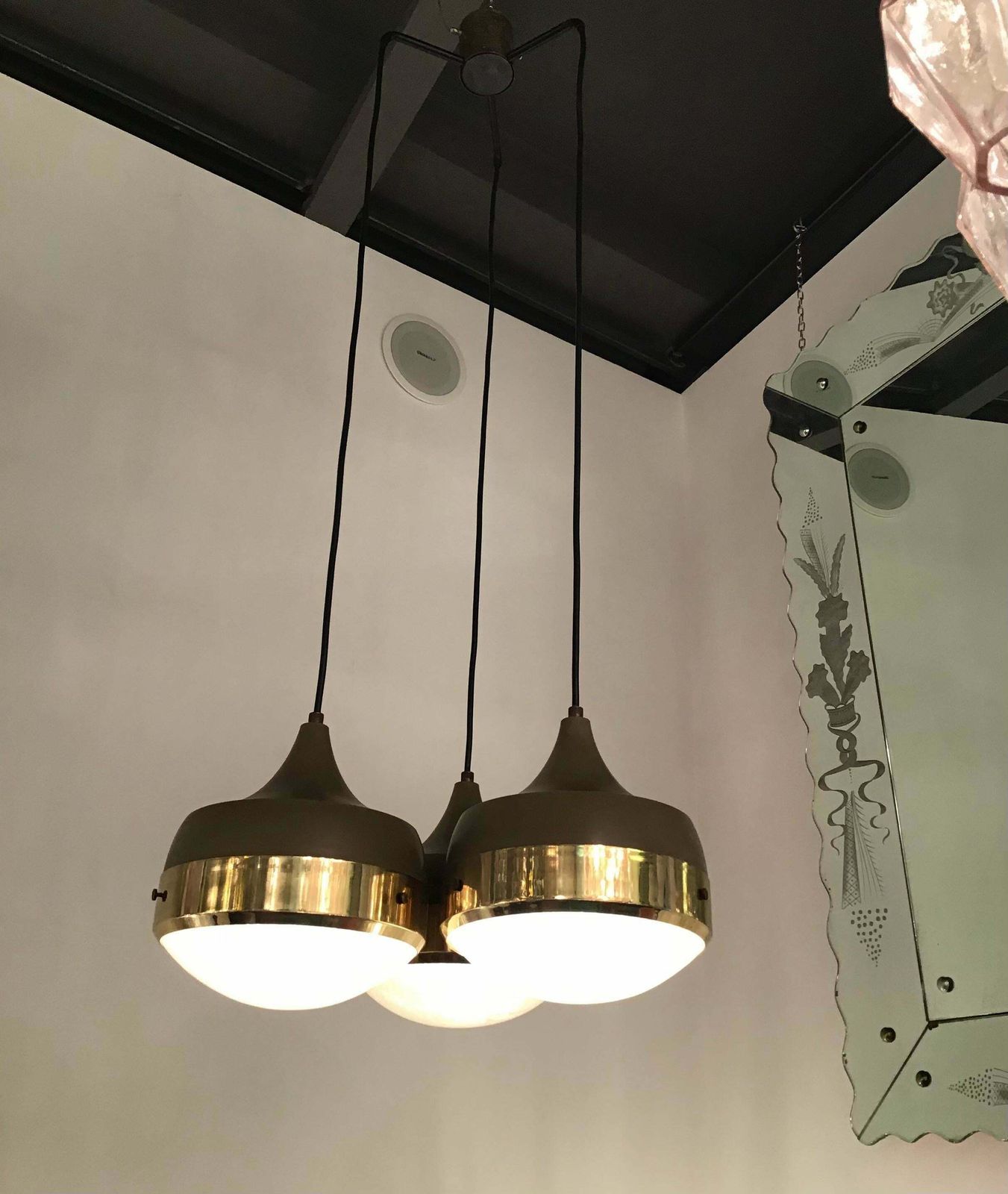 Stilnovo Style Chandelier Brass Glass Metal, 1960, Italy photo buy