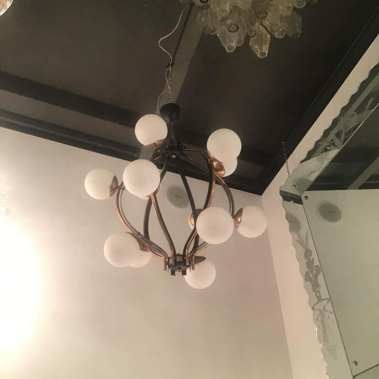 Couple Chandeliers Stilnovo 1955 Brass Glass Iron Italy photo furniture