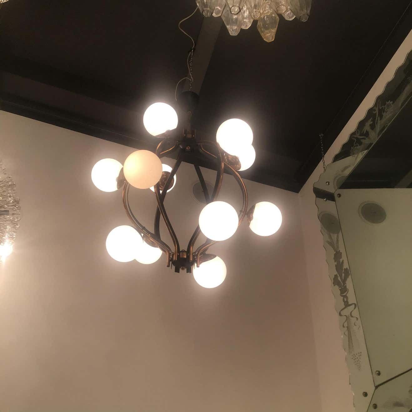 Lighting Couple Chandeliers Stilnovo 1955 Brass Glass Iron Italy photo