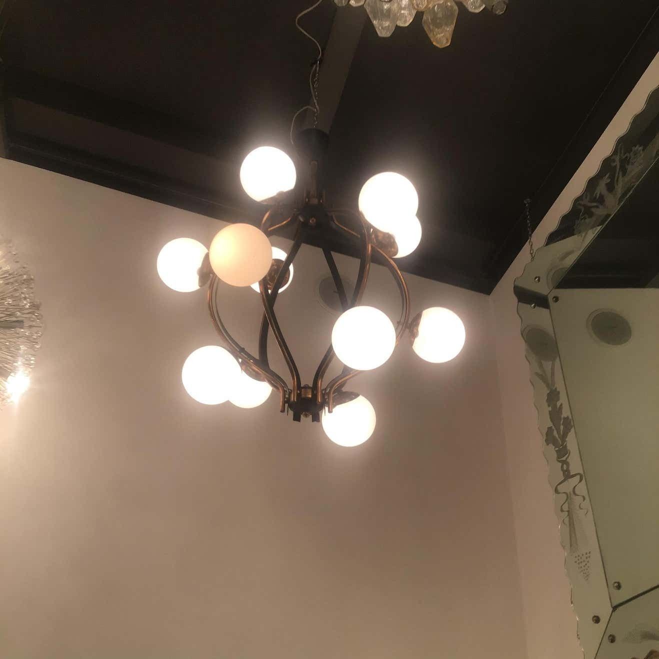 photo vinterior Couple Chandeliers Stilnovo 1955 Brass Glass Iron Italy