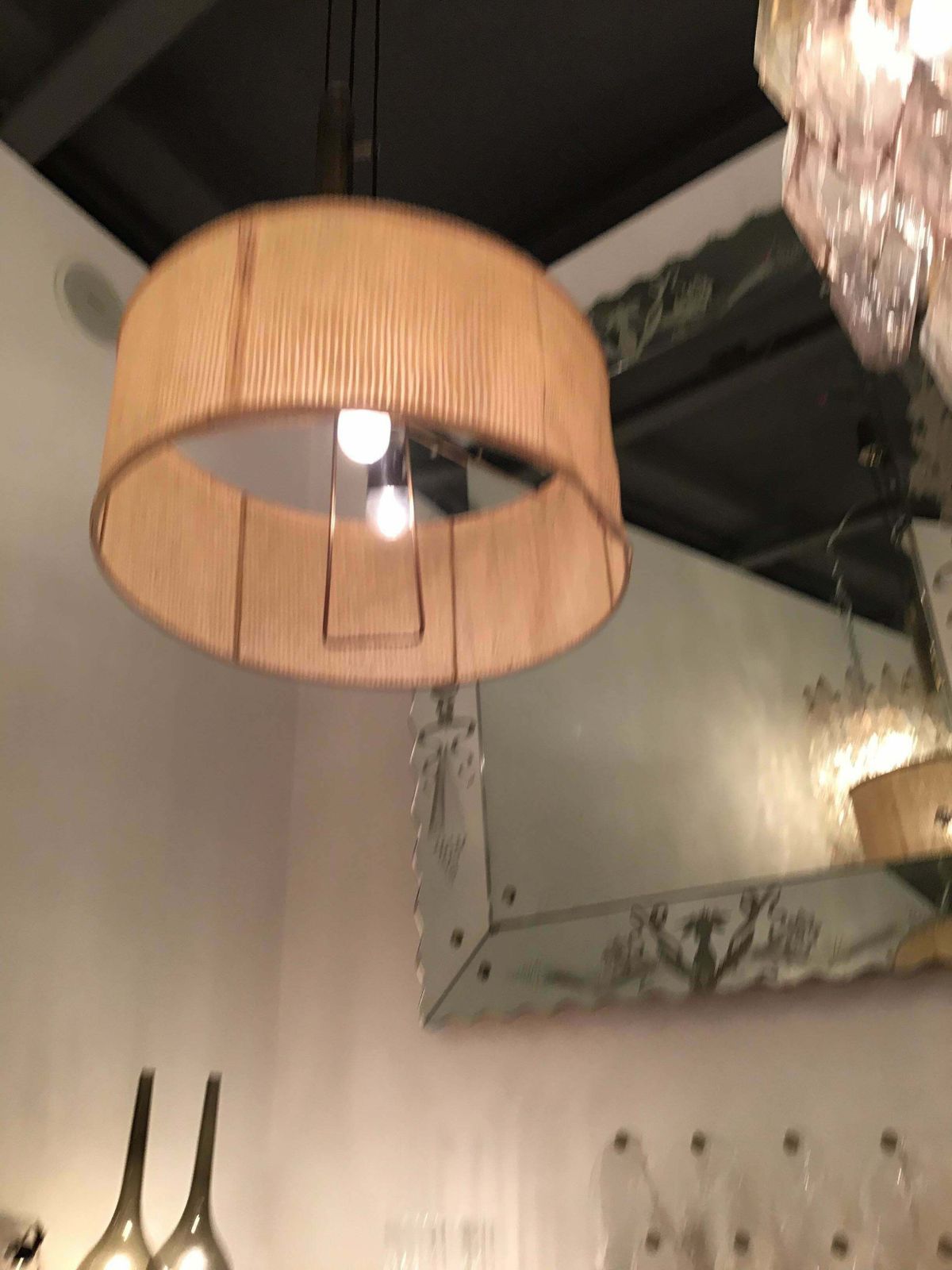 Stilnovo Style Chandelier Adjustable Latch, Brass Fabric Lampshade, 1950, Italy photo furniture