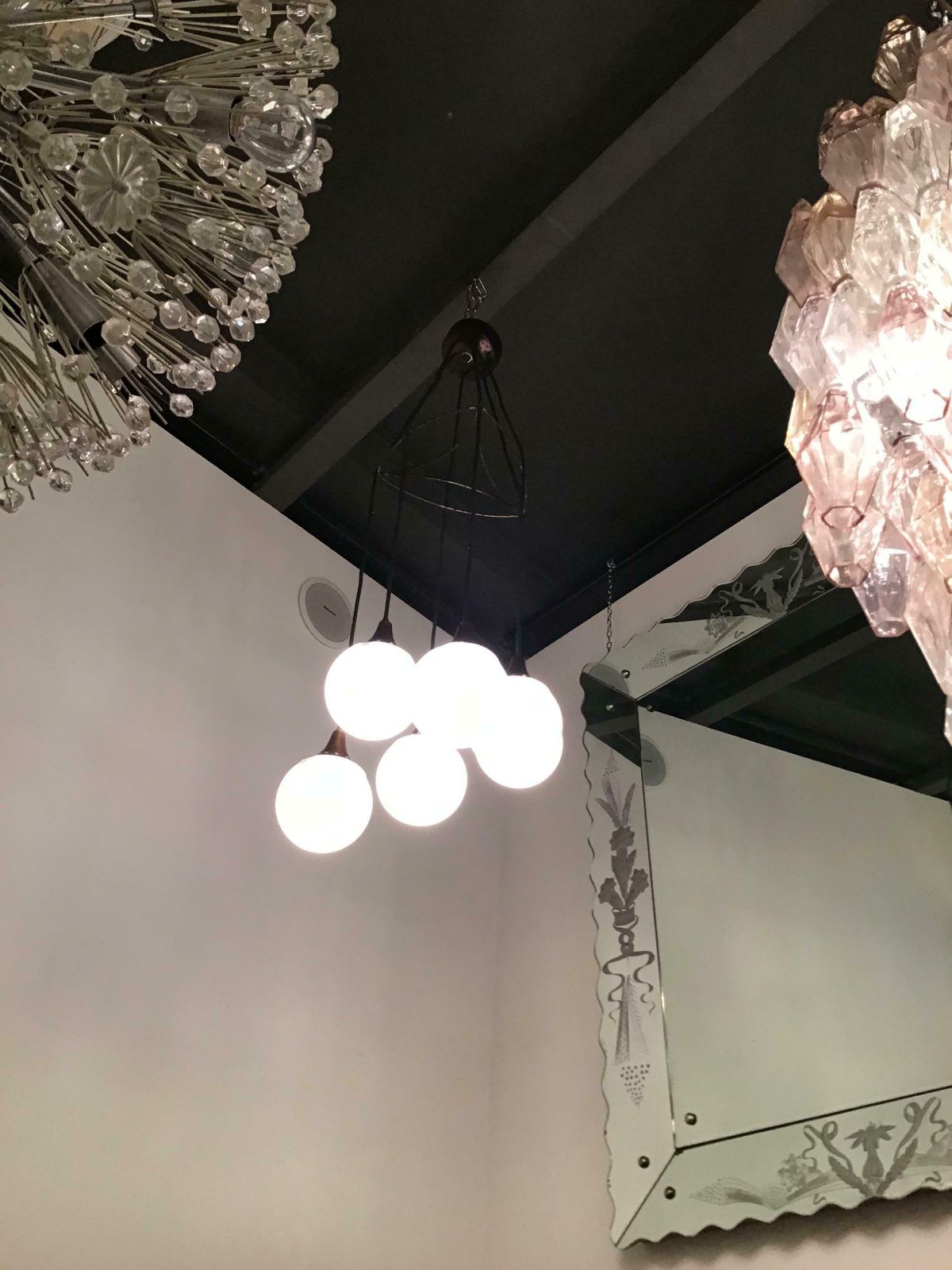 photo for sale Stilnovo Chandelier Copper Plated Chrome Metal Glass 1950 Italy
