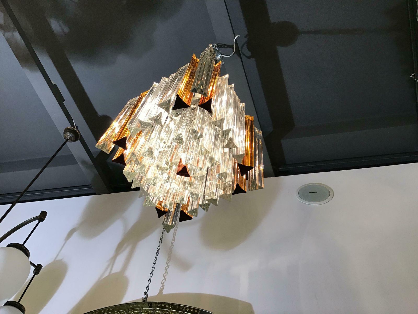 Venini Triedi White Gold Yellow Murano Glass Brass Chandelier, Italian, 1960 photo for sale