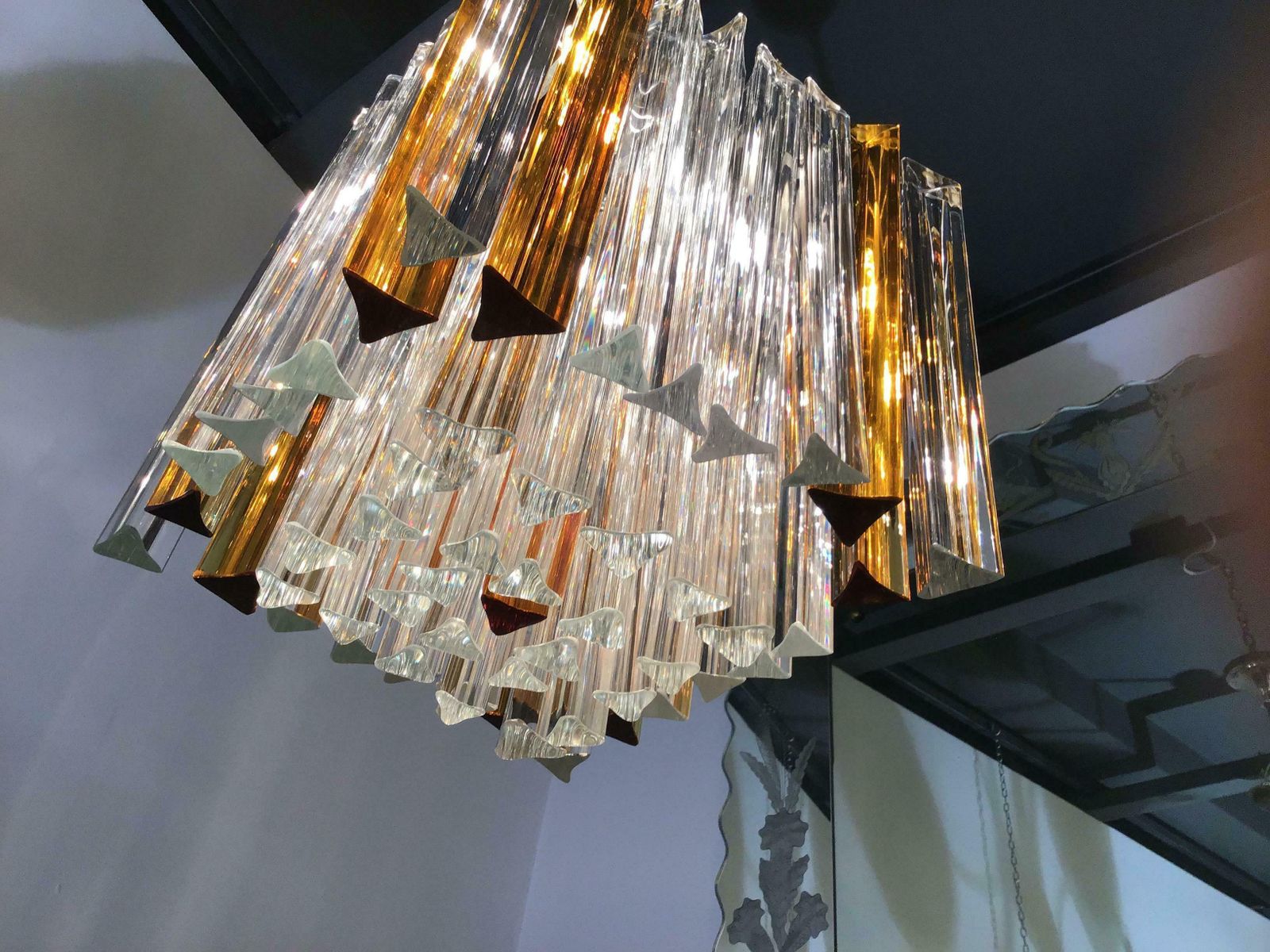 Venini Triedi White Gold Yellow Murano Glass Brass Chandelier, Italian, 1960 photo 5877.0