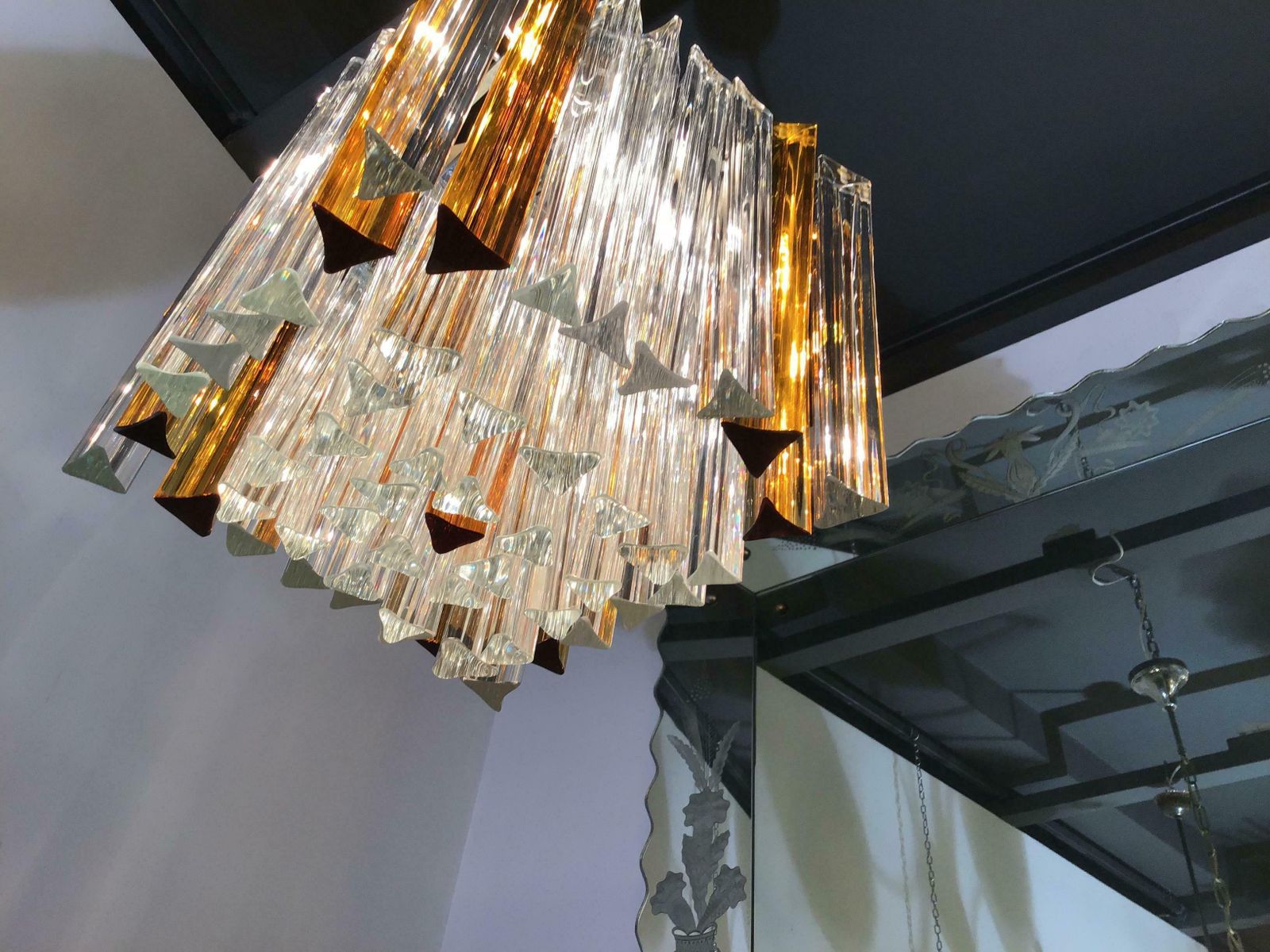 Venini Triedi White Gold Yellow Murano Glass Brass Chandelier, Italian, 1960 photo buy