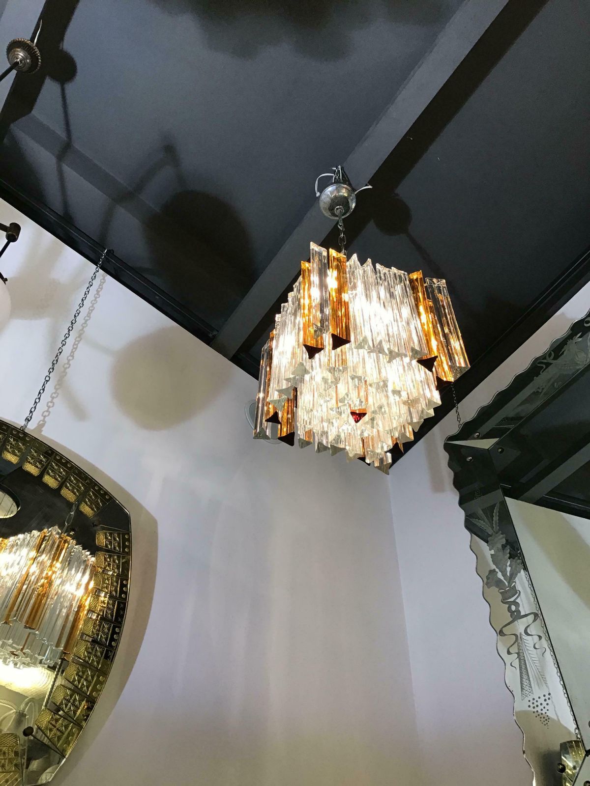 photo vinterior Venini Triedi White Gold Yellow Murano Glass Brass Chandelier, Italian, 1960