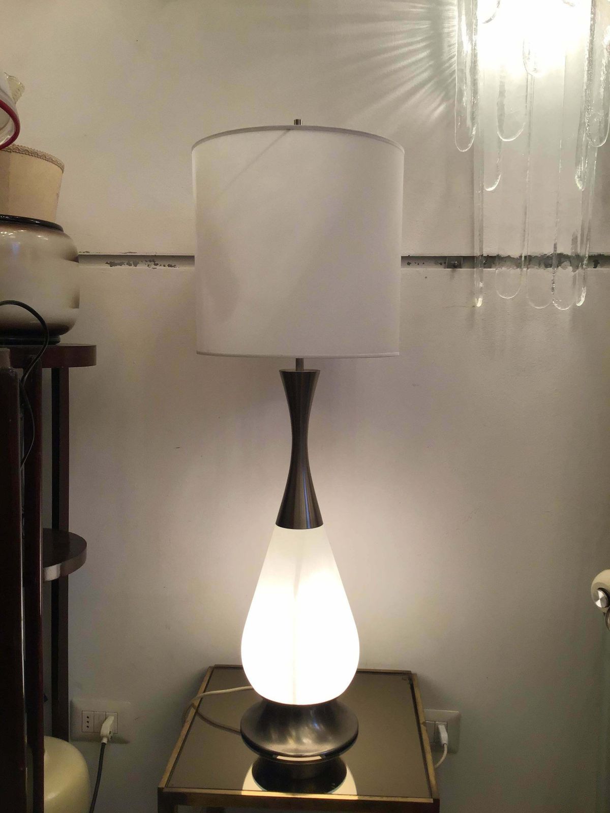 photo for sale Stilnovo Style Table Lamp Metal Crome Opaline Glass Parchment Lampshade, 1960