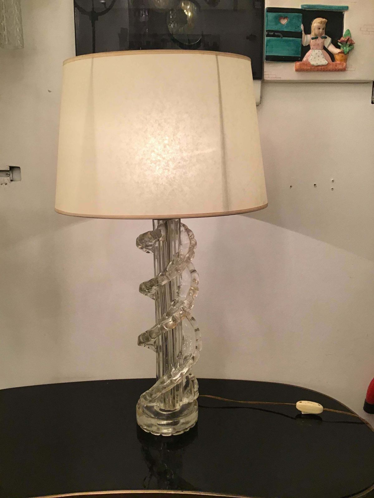 photo vinterior Ercole Barovier Table Lamp Murano Glass Brass Parchment Lampshade 1940 Italy