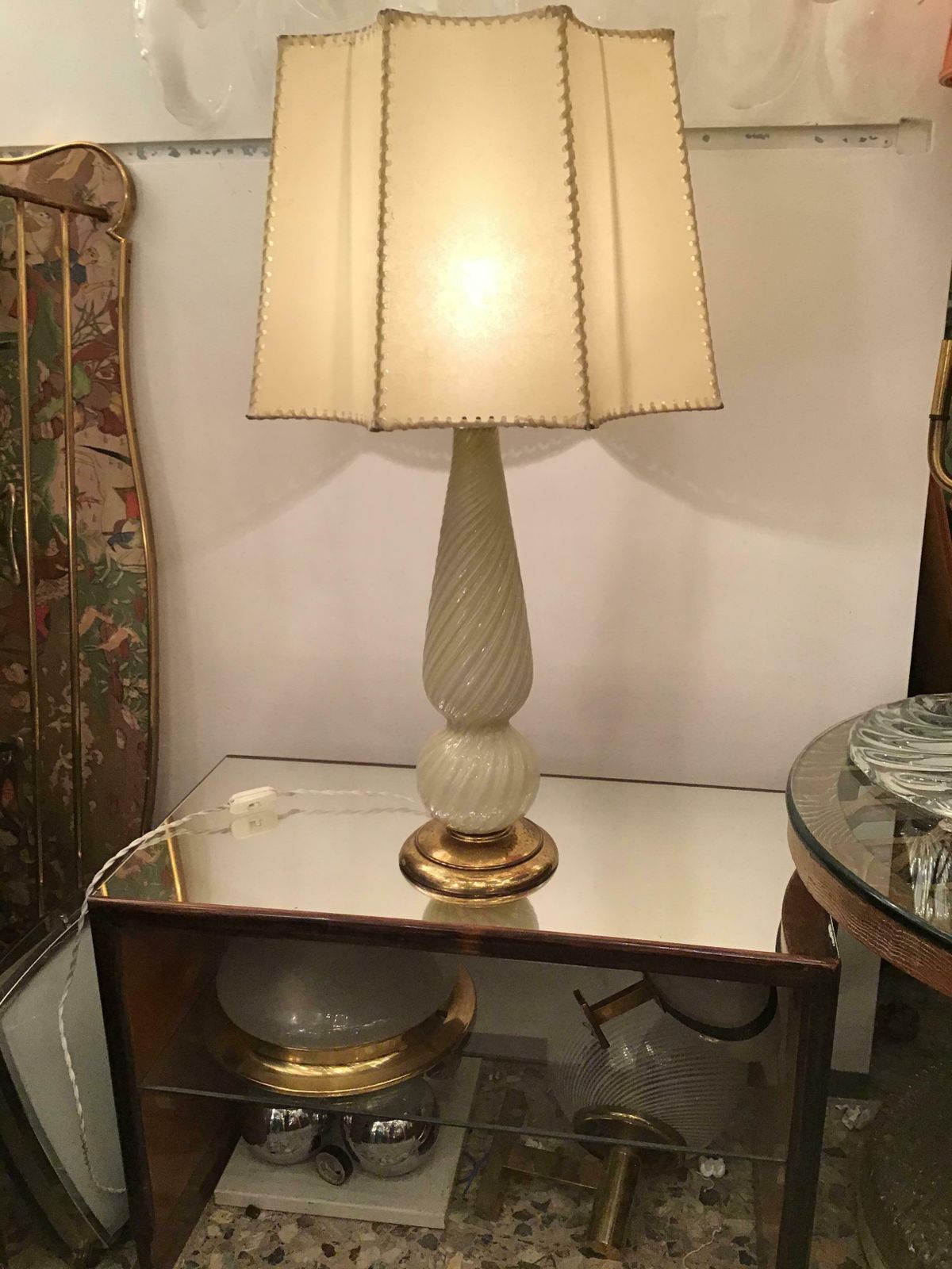 photo vinterior Seguso Table Lamp Murano Glass Brass Lampshade, 1940, Italy