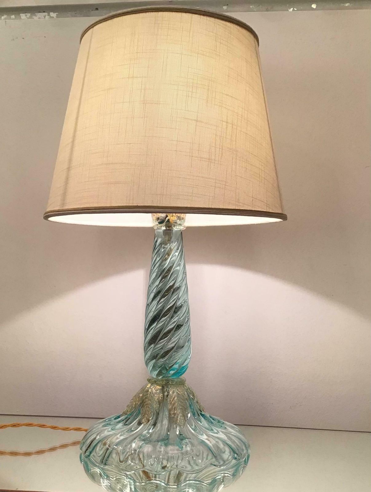 Seguso Table Lamp Murano Glass Fabric Lampshade, 1940, Italy photo furniture