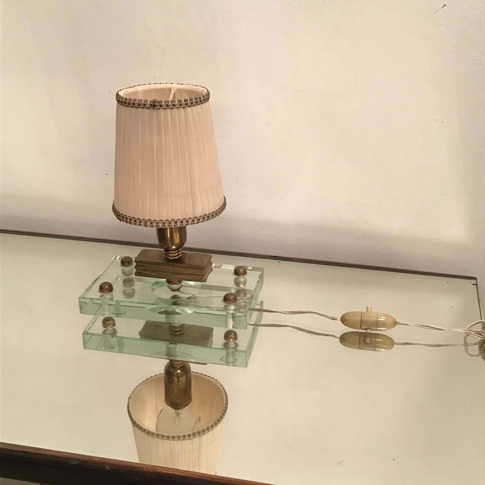 photo furniture Fontana Arte Table Lamp Glass Brass Fabric Lampshade, 1950, Italy