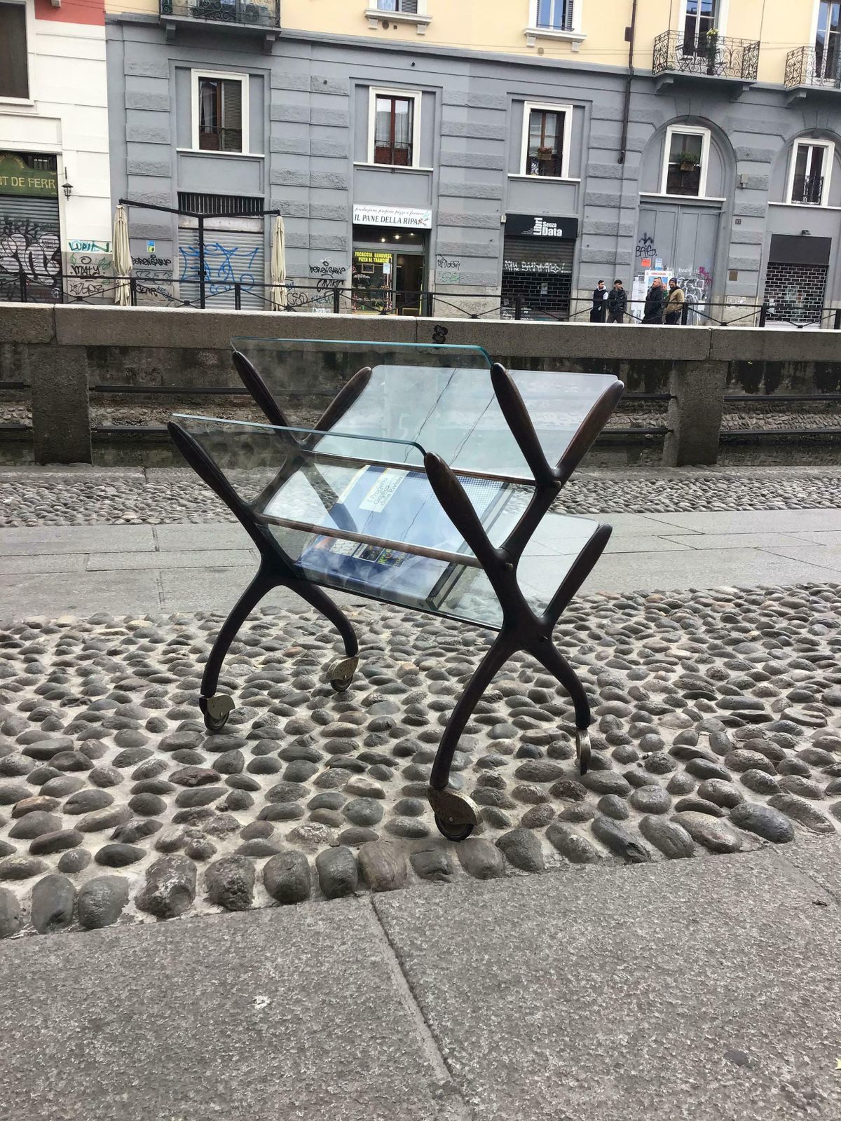 photo for sale Ico Parisi Magazine Rack Wood Glass Brass 1950 Italy