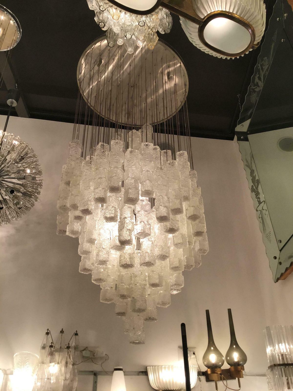 photo for sale Zero Quattro Chandelier Murano Glass Metal Crome 1970 Italy