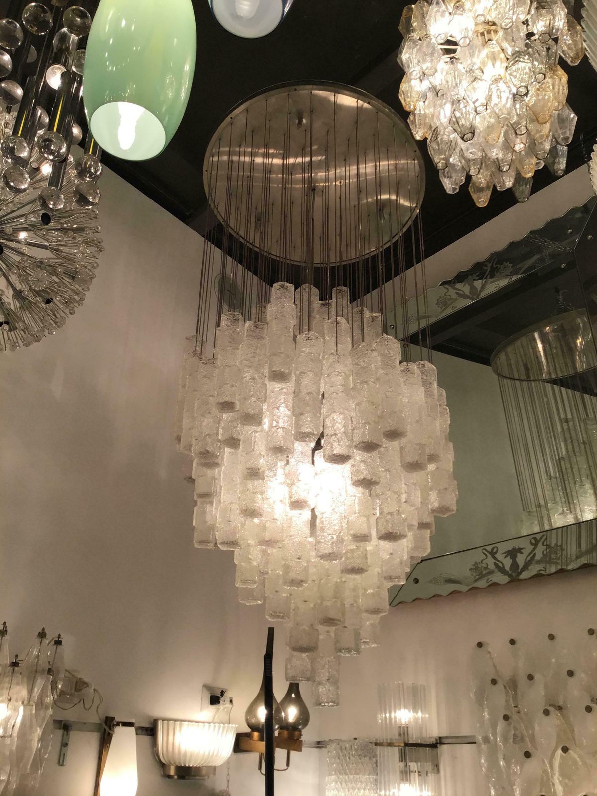 photo vinterior Zero Quattro Chandelier Murano Glass Metal Crome 1970 Italy