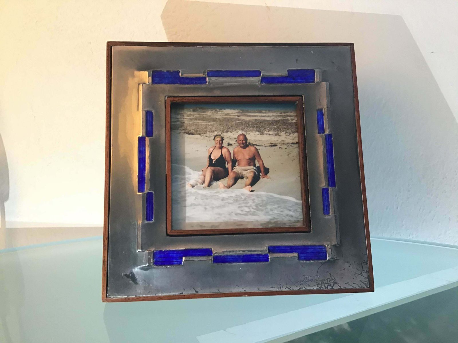Ottaviani Pucture Frame 925 Silver Enamelled Copper Wood 1960 Italy photo vintage
