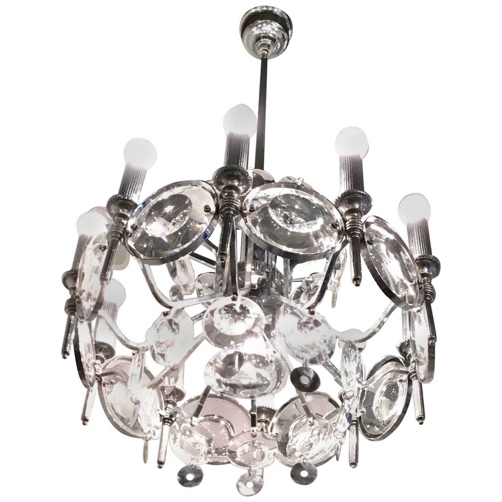 Oscar Torlasco Couple Chandelier Glass Metal Chrome 1960 Italy