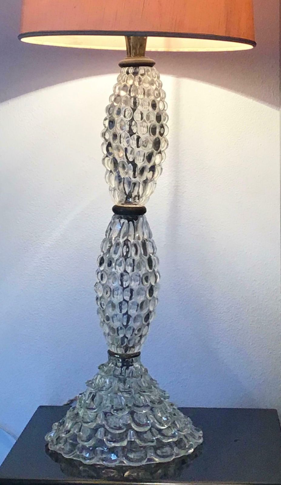 Barovier & Toso Table Lamp Murano Glass Brass Fabric Lampshade, 1940, Italy photo vinterior