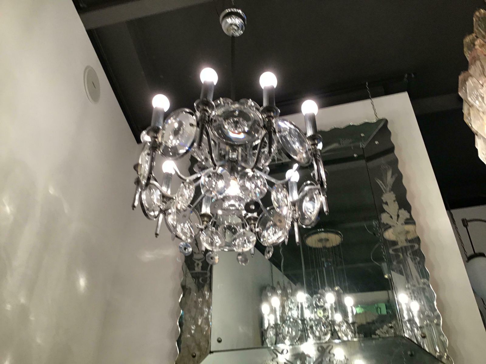 Oscar Torlasco Chandelier Glass Metal Crome 1960 Italy photo Lighting