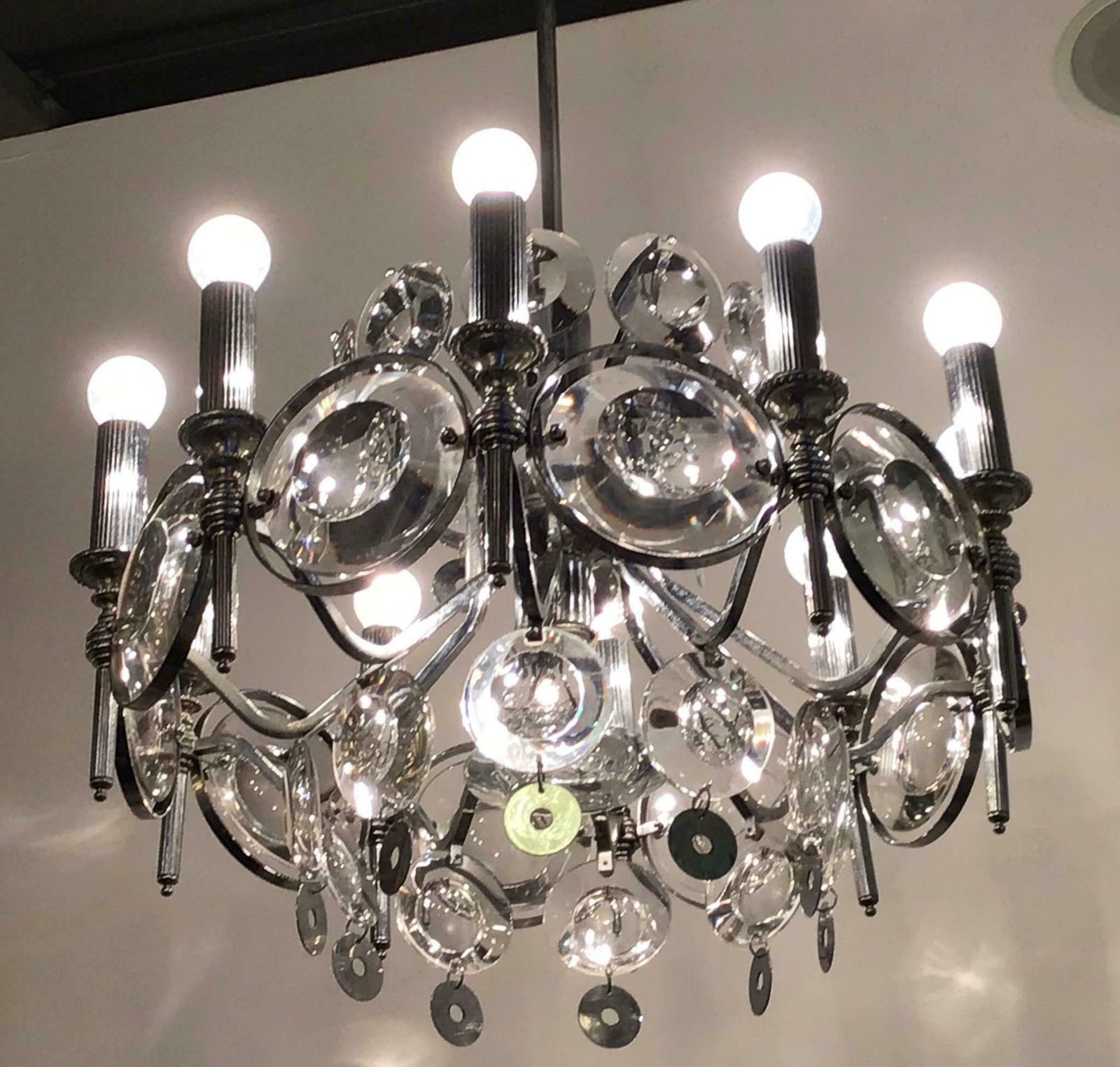 Oscar Torlasco Chandelier Glass Metal Crome 1960 Italy photo vintage