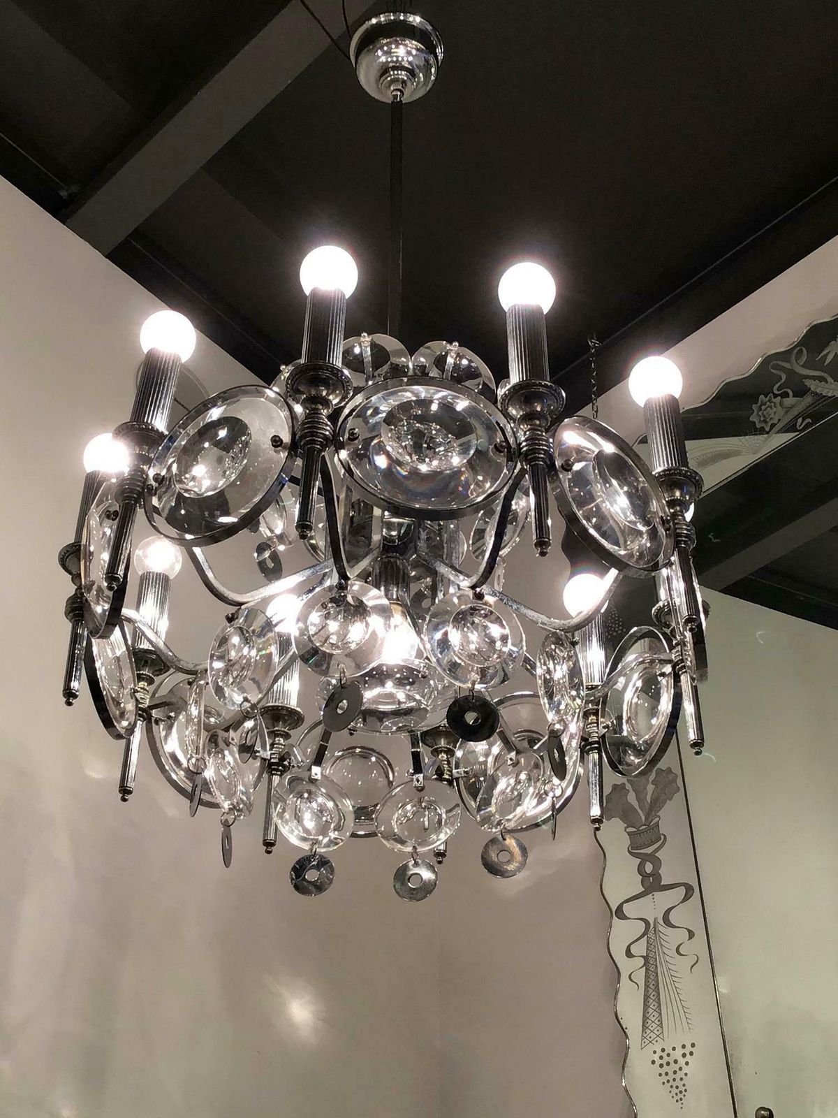 photo furniture Oscar Torlasco Chandelier Glass Metal Crome 1960 Italy