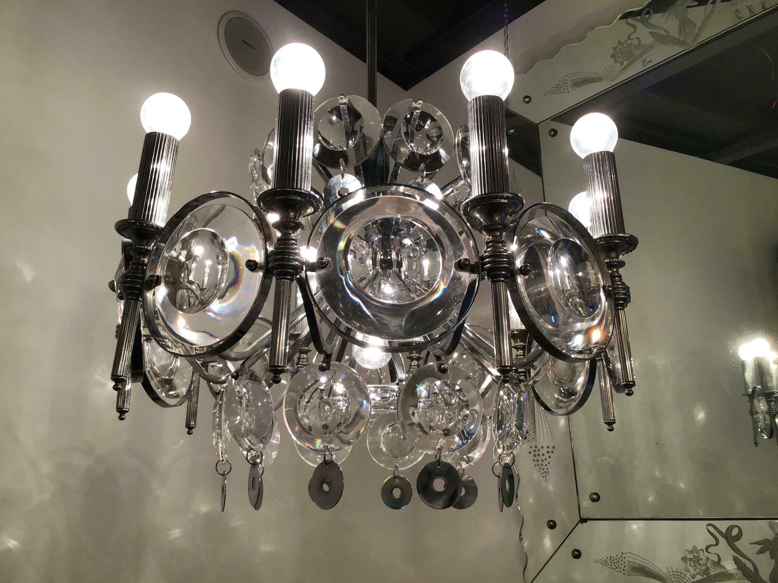photo for sale Oscar Torlasco Chandelier Glass Metal Crome 1960 Italy