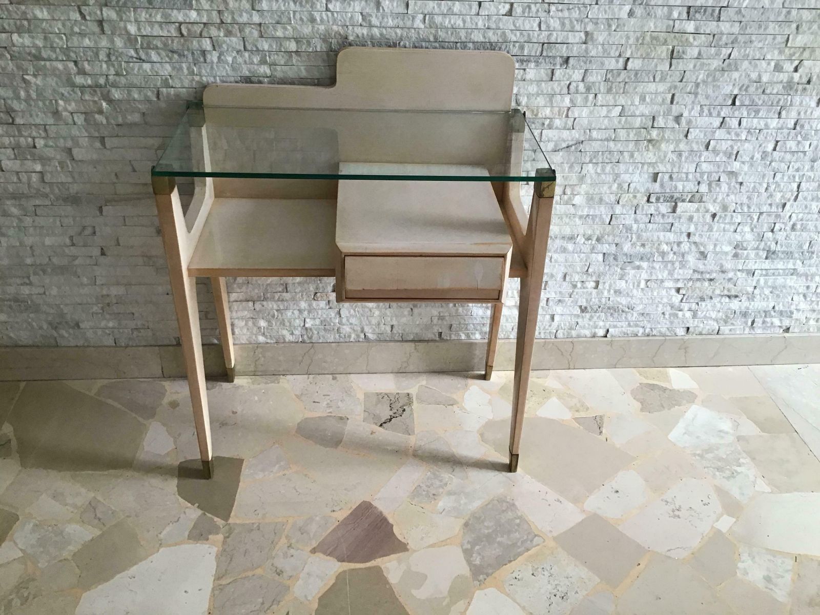 Gio Ponti Stile Bedside Tables Brass Wood Glass 1950 Italy photo furniture