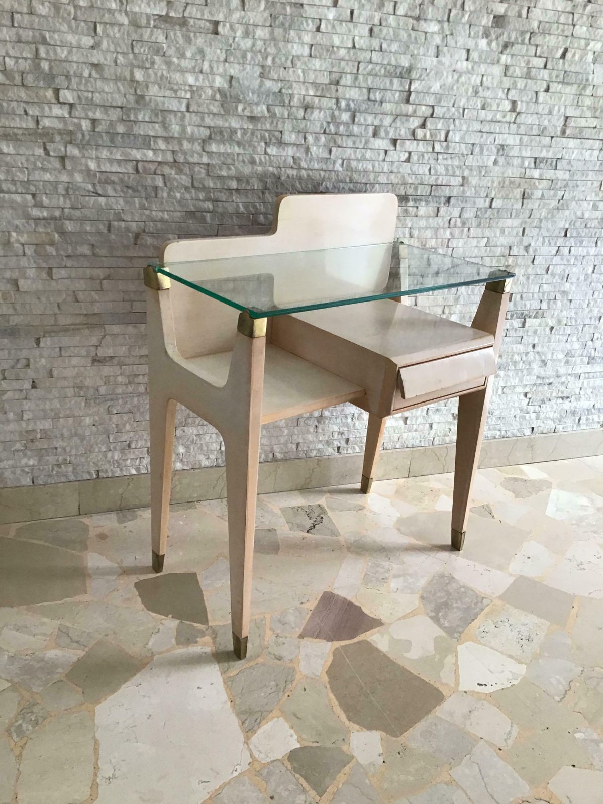 Gio Ponti Stile Bedside Tables Brass Wood Glass 1950 Italy photo buy