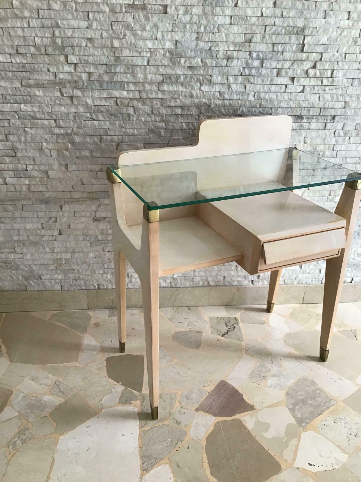 Gio Ponti Stile Bedside Tables Brass Wood Glass 1950 Italy photo vintage
