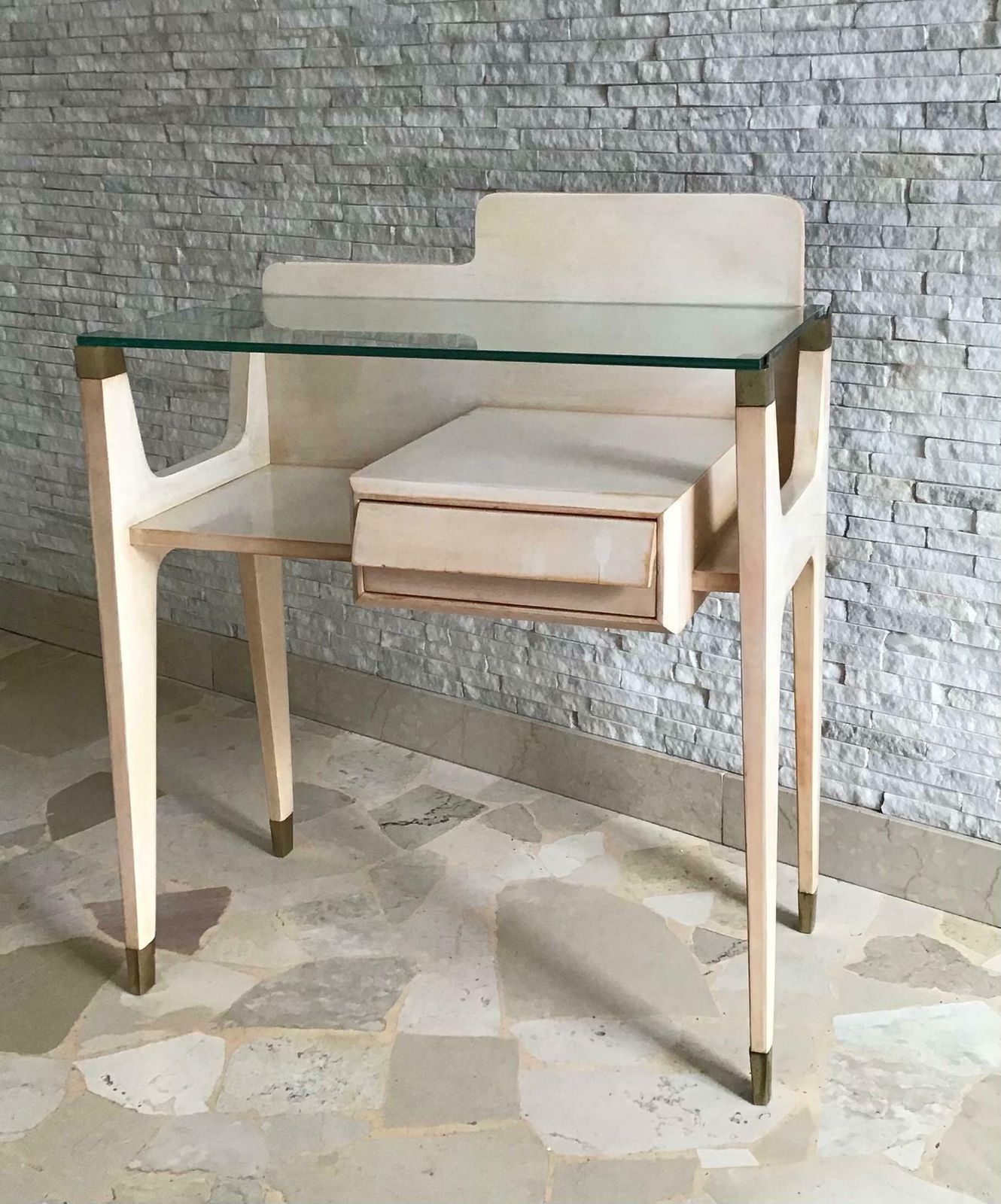 Furniture Gio Ponti Stile Bedside Tables Brass Wood Glass 1950 Italy photo