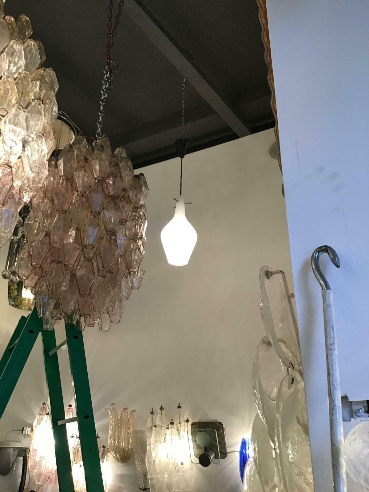 Stilnovo Chandelier Opaline Glass Brass Plex. 1950 Italy photo Lighting