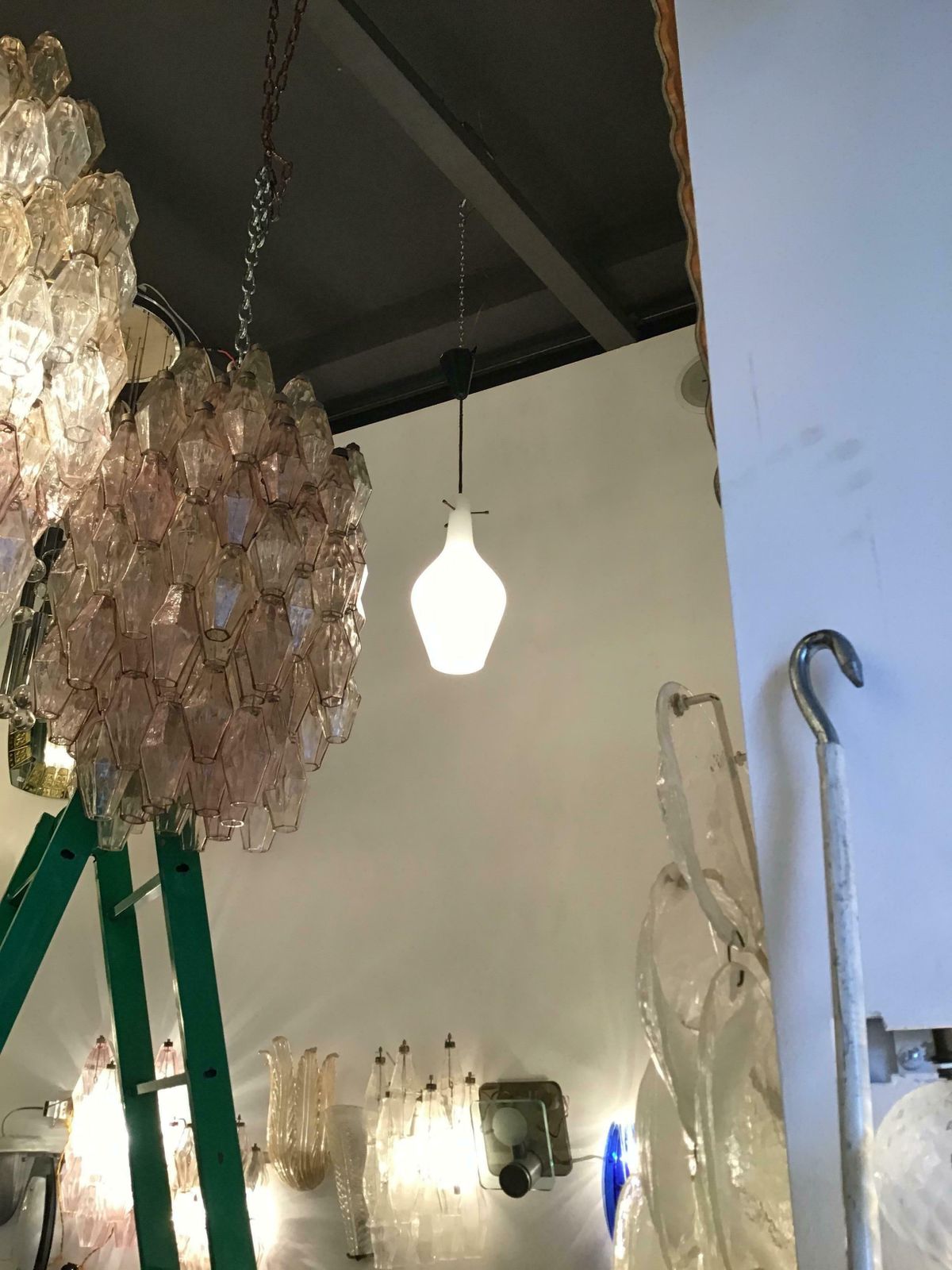 Stilnovo Chandelier Opaline Glass Brass Plex. 1950 Italy photo 633.0
