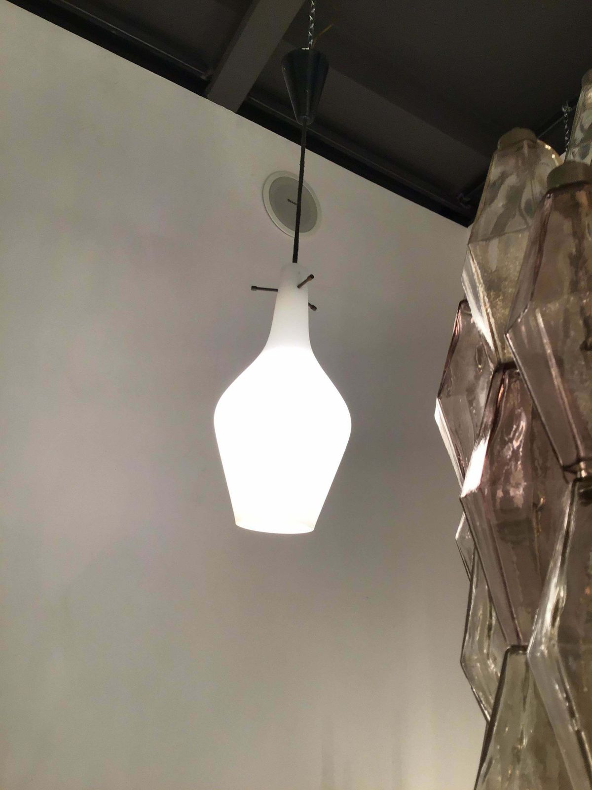 Stilnovo Chandelier Opaline Glass Brass Plex. 1950 Italy photo vintage