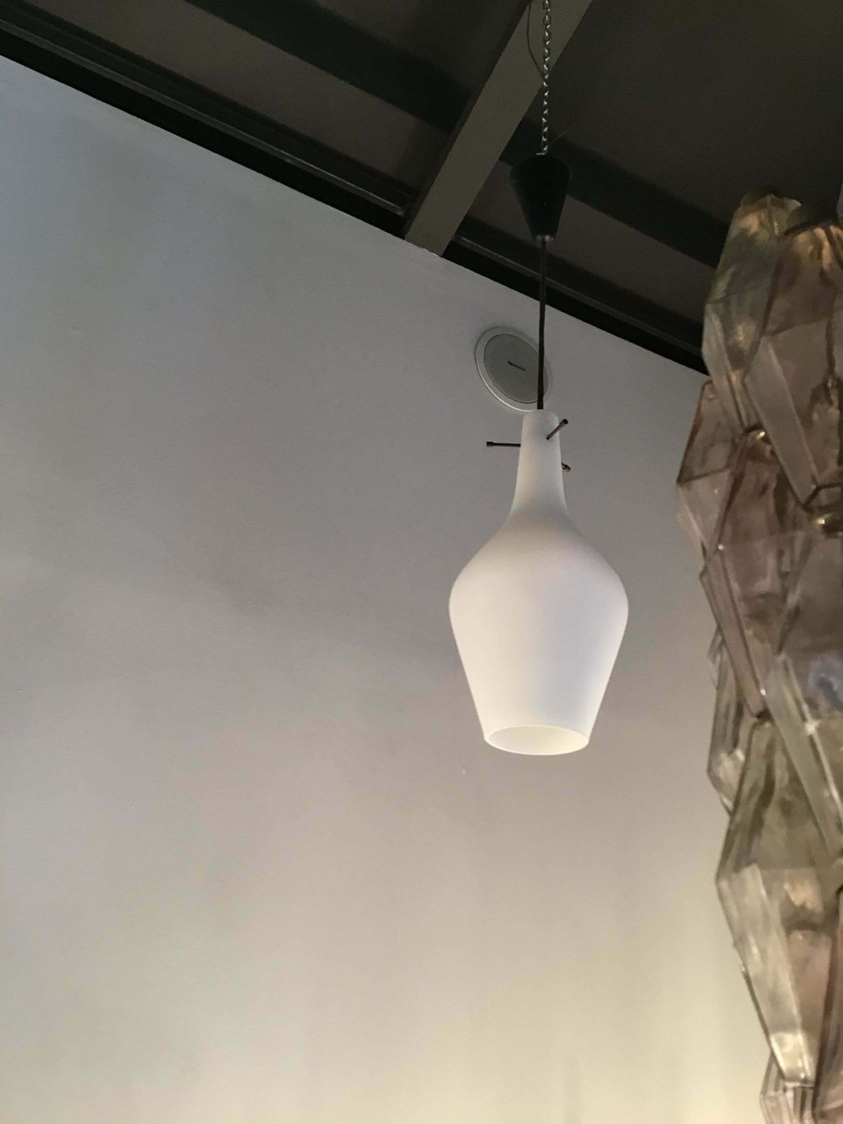 photo for sale Stilnovo Chandelier Opaline Glass Brass Plex. 1950 Italy