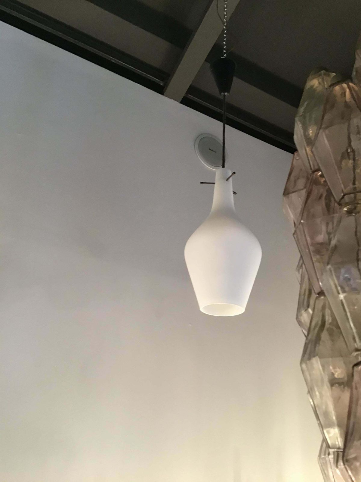 Lighting Stilnovo Chandelier Opaline Glass Brass Plex. 1950 Italy photo