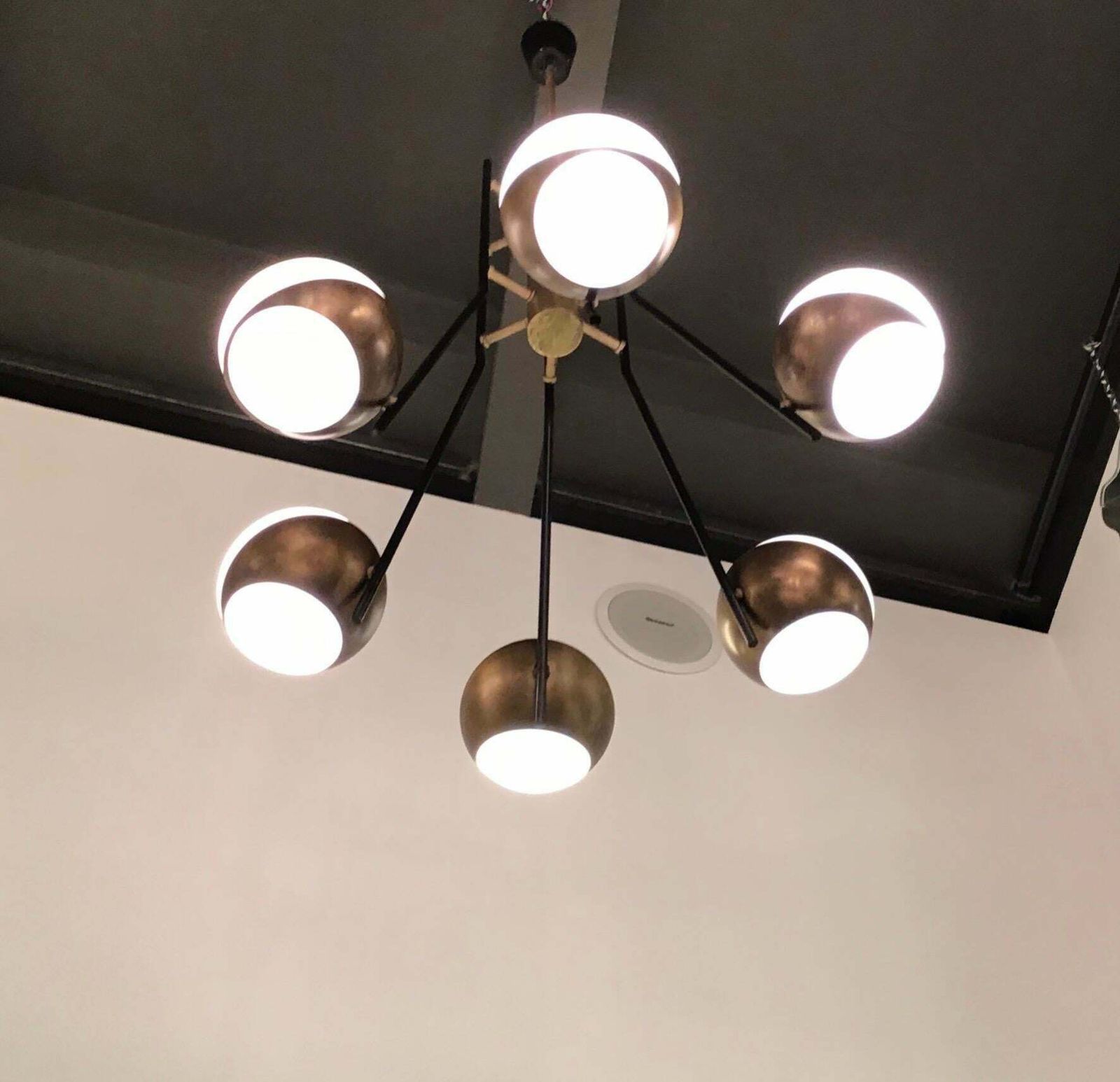 Stilnovo Style Chandelier Brass Opaline Glass Iron, 1950, Italy photo furniture