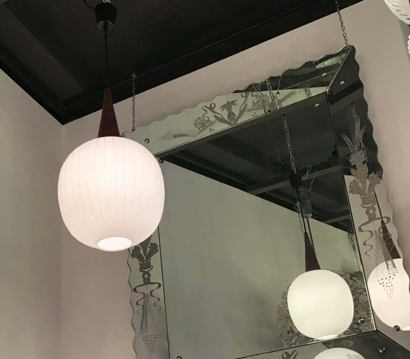 Stilnovo Stile Chandelier Opaline Glass Wood Metal, 1965, Italy photo Lighting