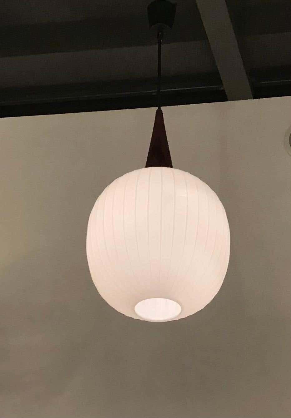 Stilnovo Stile Chandelier Opaline Glass Wood Metal, 1965, Italy photo vintage