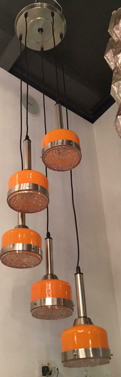 Stilnovo Style Chandelier 5 Light Glass Metal Crome, 1960, Italy photo vinterior