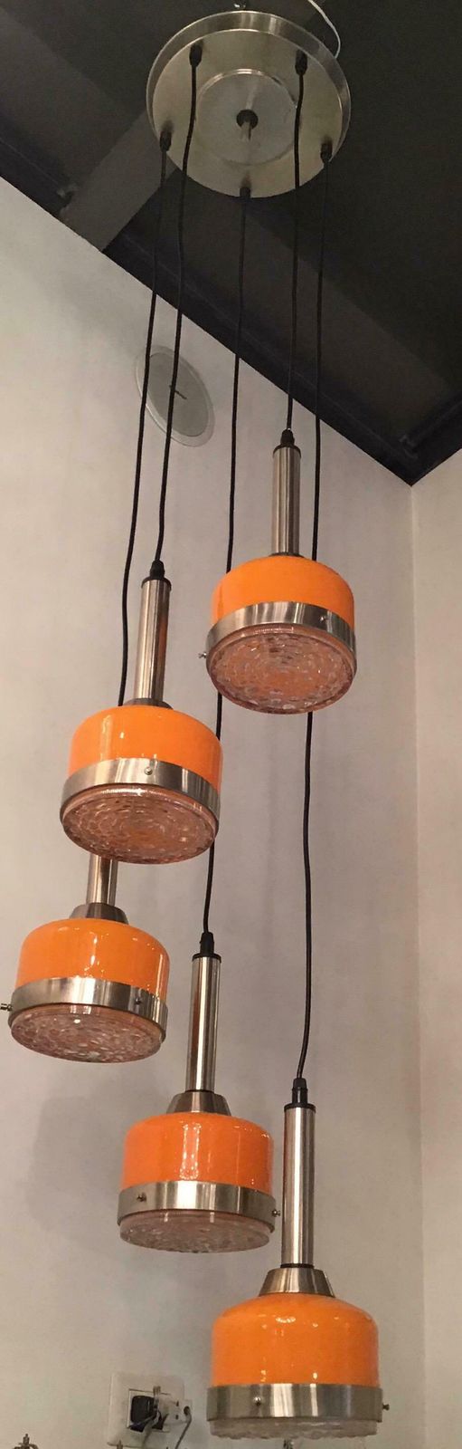 photo vinterior Stilnovo Style Chandelier 5 Light Glass Metal Crome, 1960, Italy