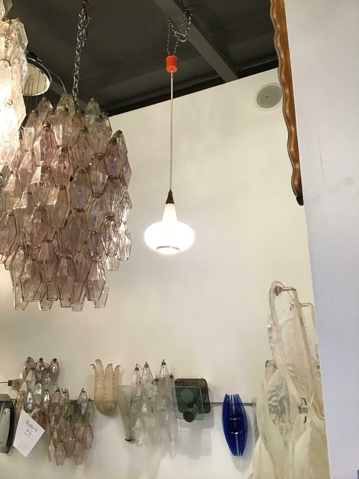 Stilnovo Style Chandelier Brass Opaline Glass Metal, 1950, Italy photo for sale