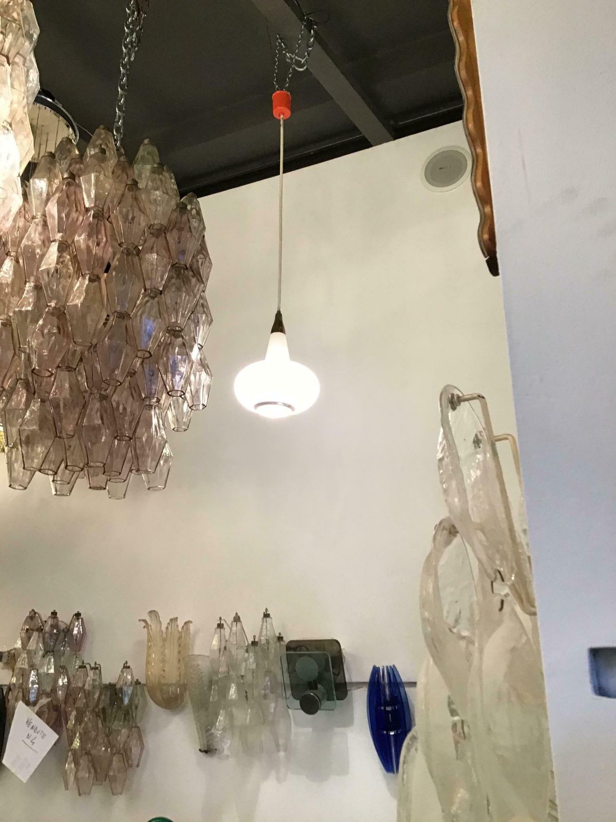 Stilnovo Style Chandelier Brass Opaline Glass Metal, 1950, Italy photo Lighting