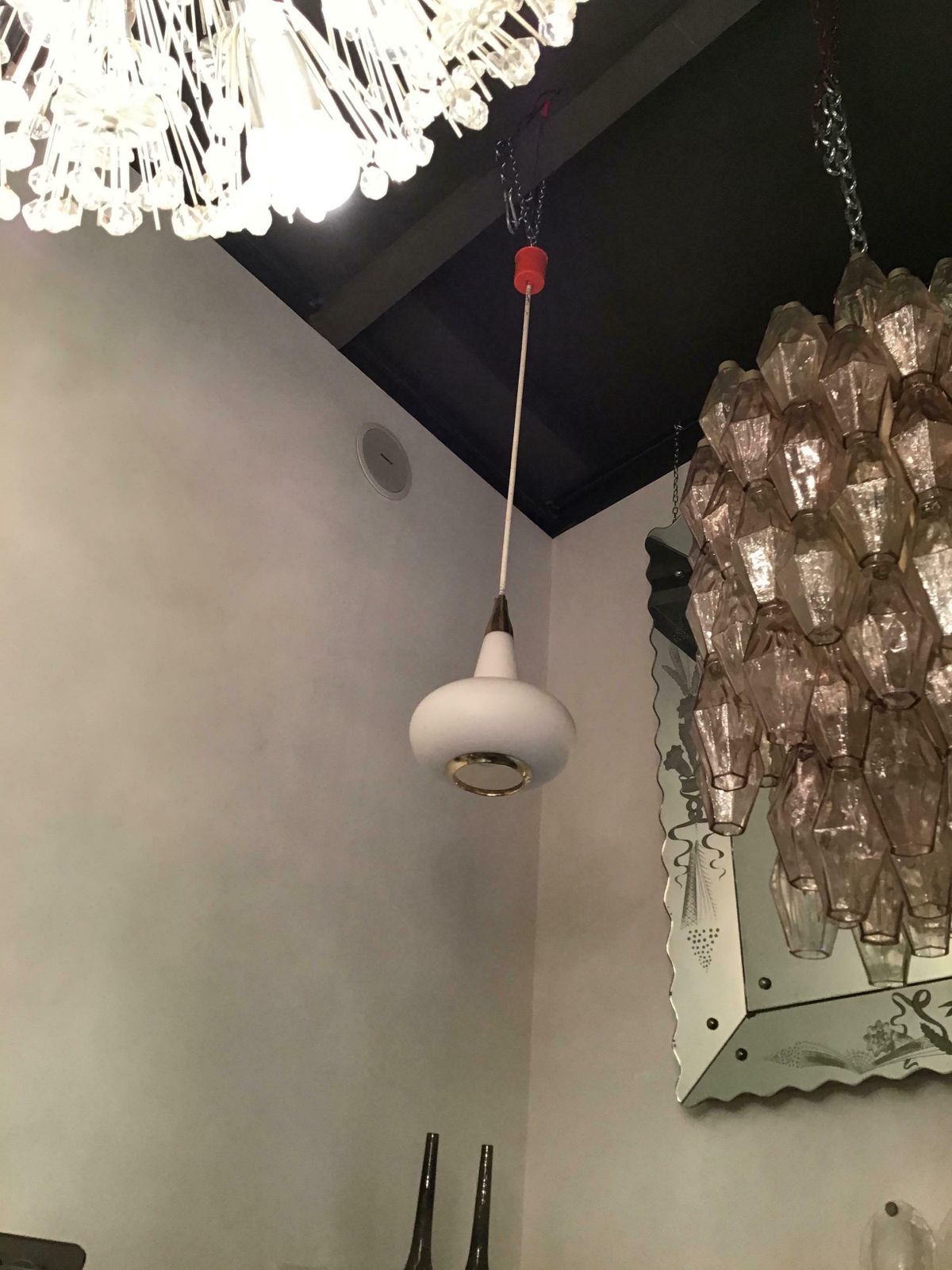 Stilnovo Style Chandelier Brass Opaline Glass Metal, 1950, Italy photo 1447.0
