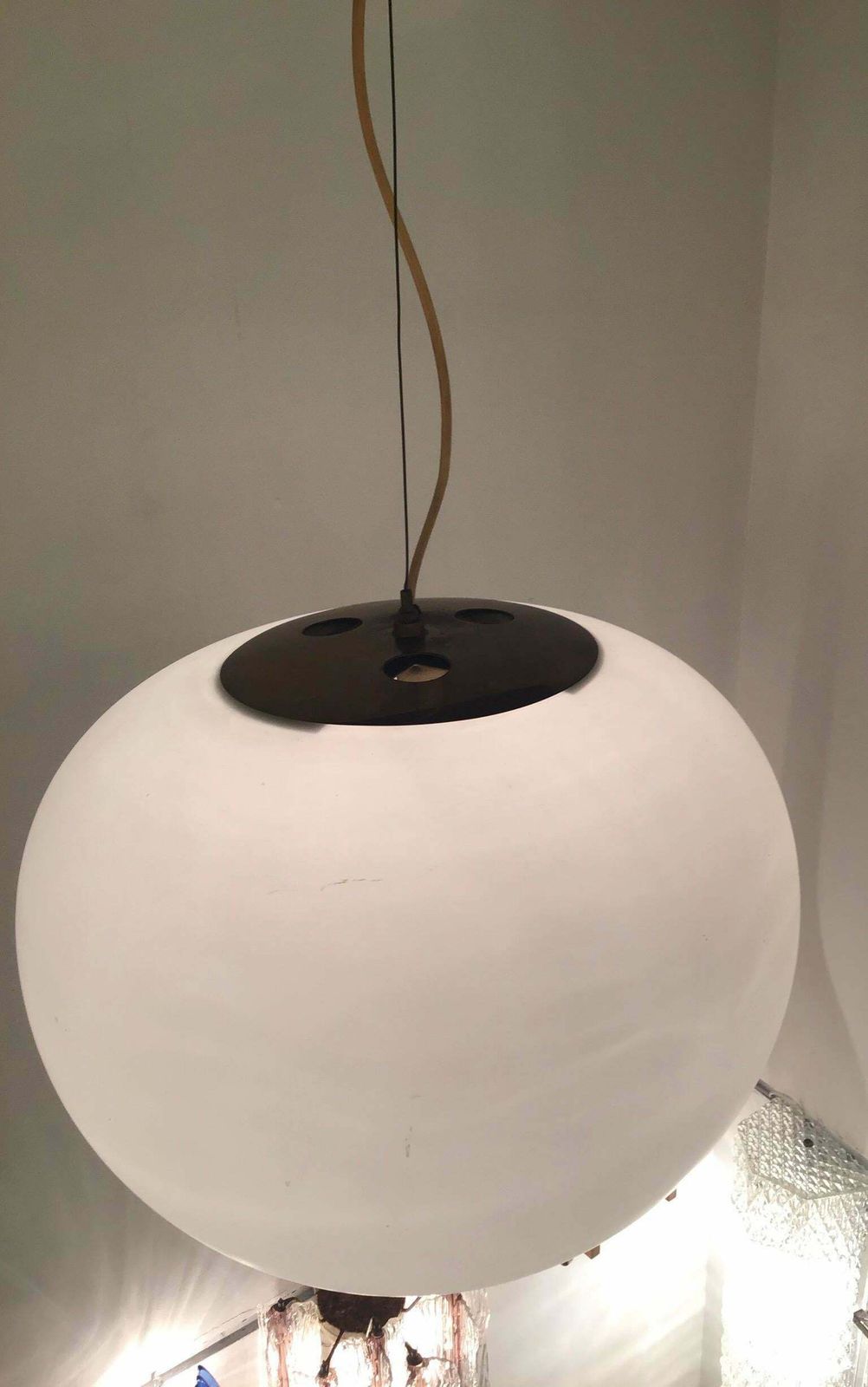 Stilnovo Style Chandelier Brass Opaline Glass, 1950, Italy