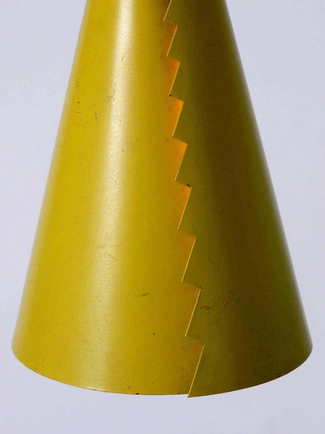 Rare Mid Century Modern Cone Shaped Pendant Lamp Made Of Sheet Steel In Yellow photo vinterior