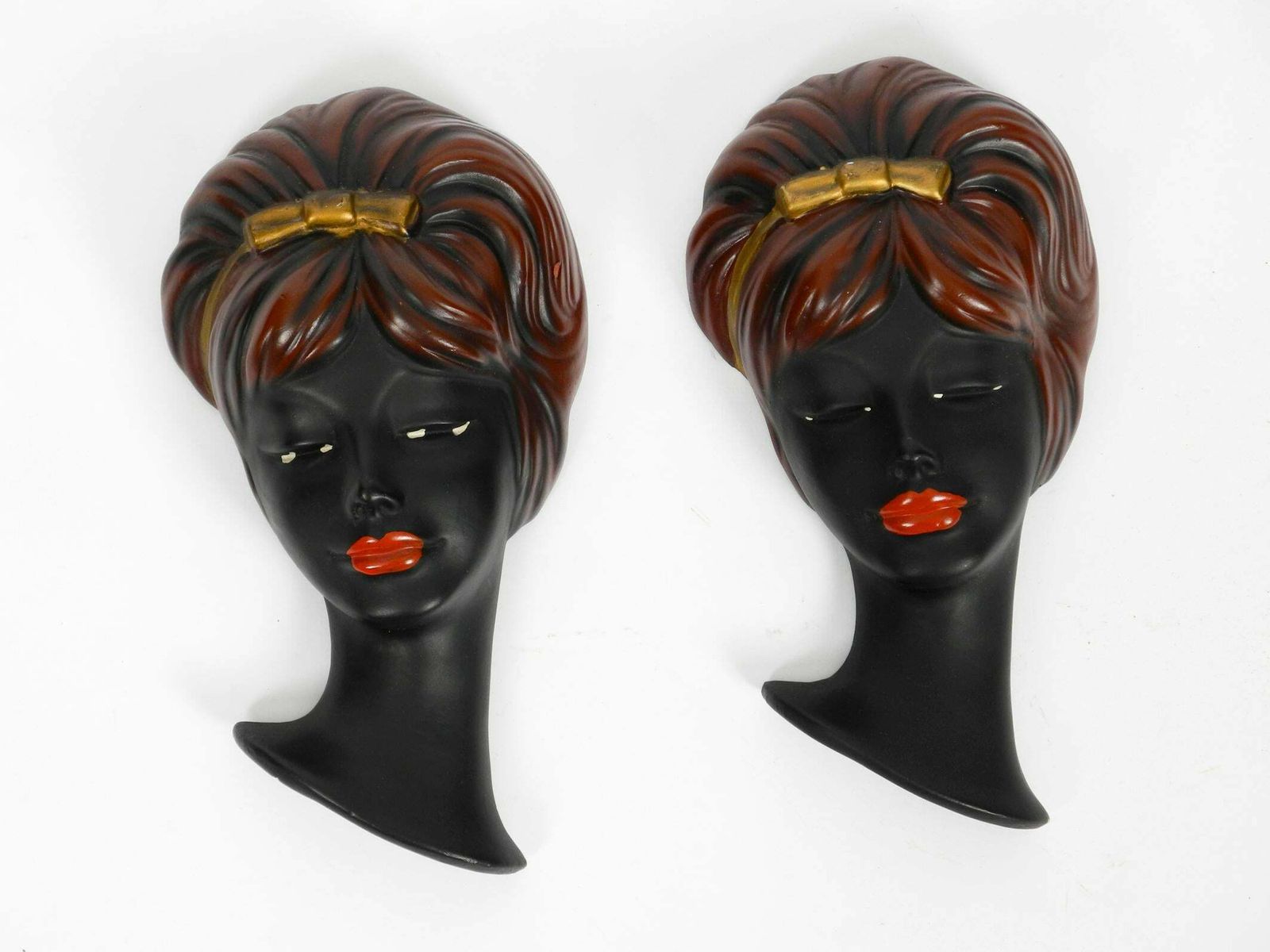 Pair Of Very Beautiful Original Midcentury Hand Painted Ceramic Women Faces photo furniture
