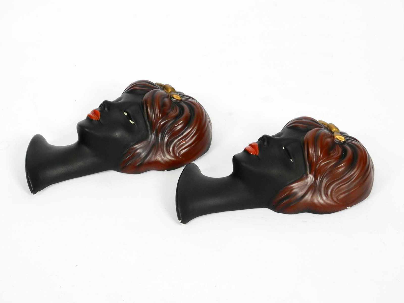 Pair Of Very Beautiful Original Midcentury Hand Painted Ceramic Women Faces photo Art
