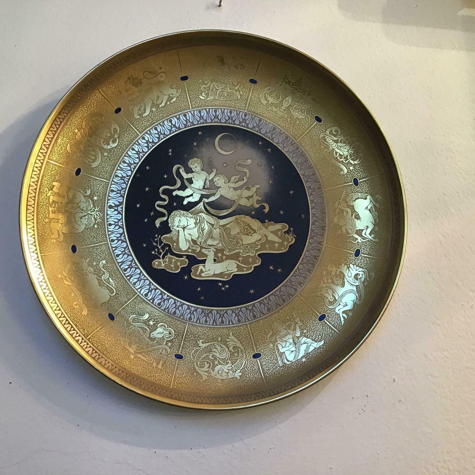 Art Morbelli Wall Plate Gold Porcelain #La Notte” 1960 Italy photo